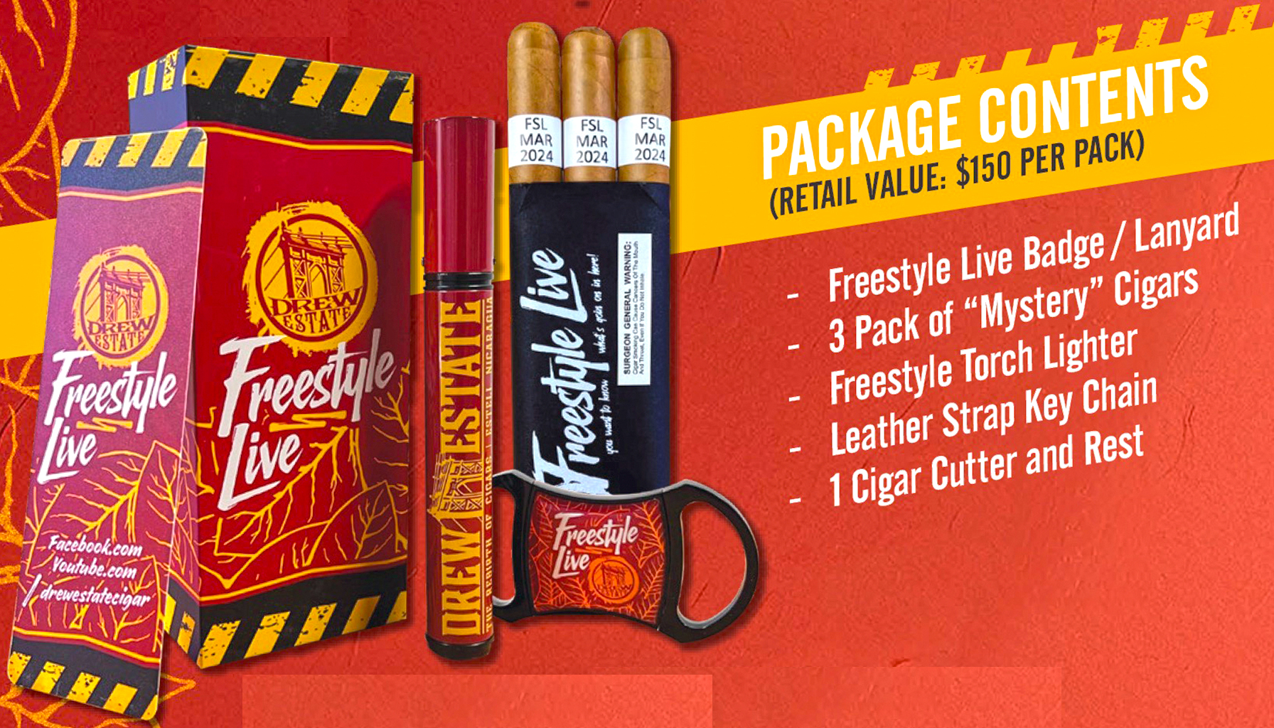A selection of premium cigars and exclusive accessories in the Drew Estate Freestyle Live Pack