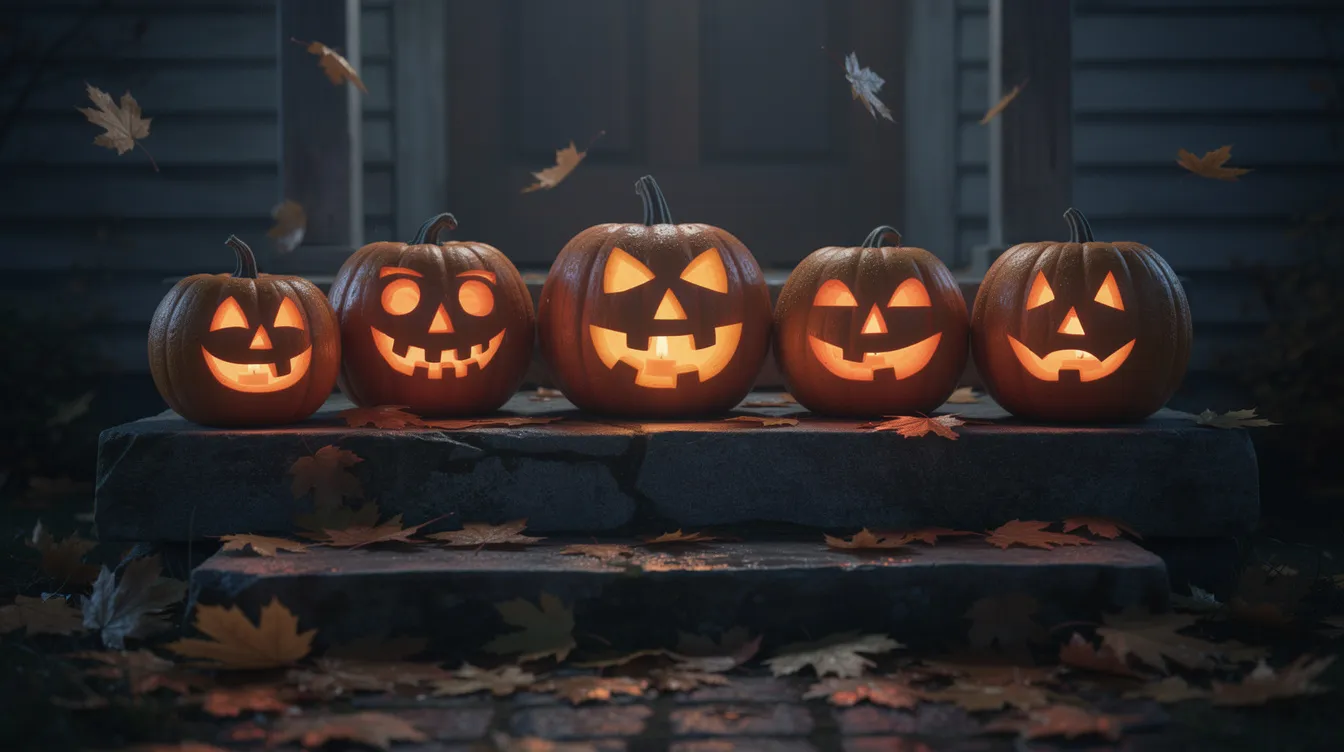 The image features glowing carved pumpkin jack-o-lanterns resting on a stone doorstep, surrounded by a scattering of autumn leaves, creating a warm and inviting Halloween atmosphere at night. The soft light from the pumpkins casts a flickering glow, enhancing the seasonal charm of the scene.