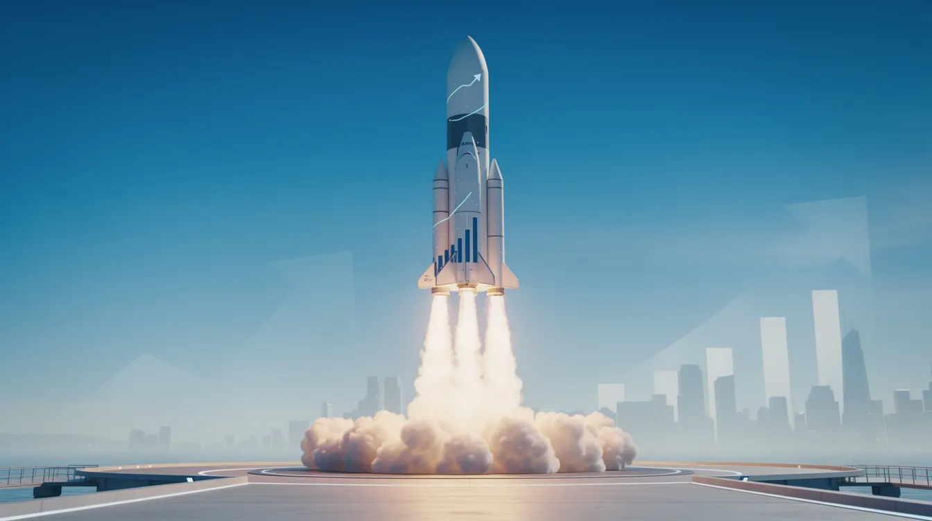 The image depicts a rocket launching into a clear blue sky, symbolizing the momentum and growth of successful startups and enterprises. This powerful imagery represents innovation and the drive for competitive advantage in the business world.