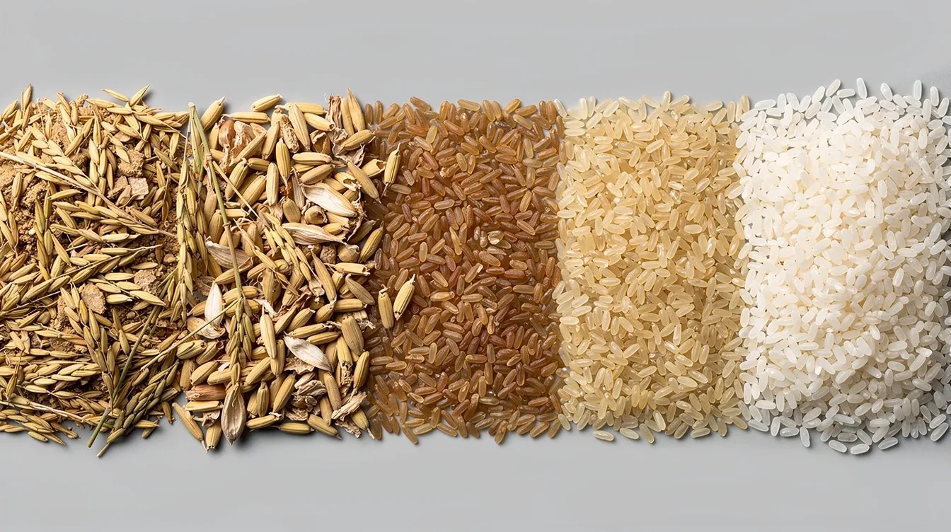 983603dd 327d 4ce4 9e87 1fdffda46376 The image depicts industrial paddy rice grains spread across a surface, showcasing various stages from raw paddy to polished milled rice. This visual representation highlights the rice processing journey, relevant to the rice mill project and the broader context of rice cultivation and production in major rice-producing countries.