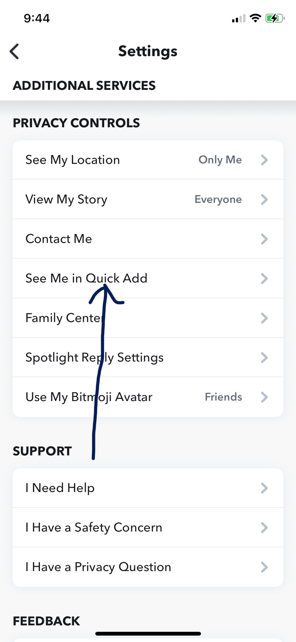 Screenshot of the option of See Me in Quick Add