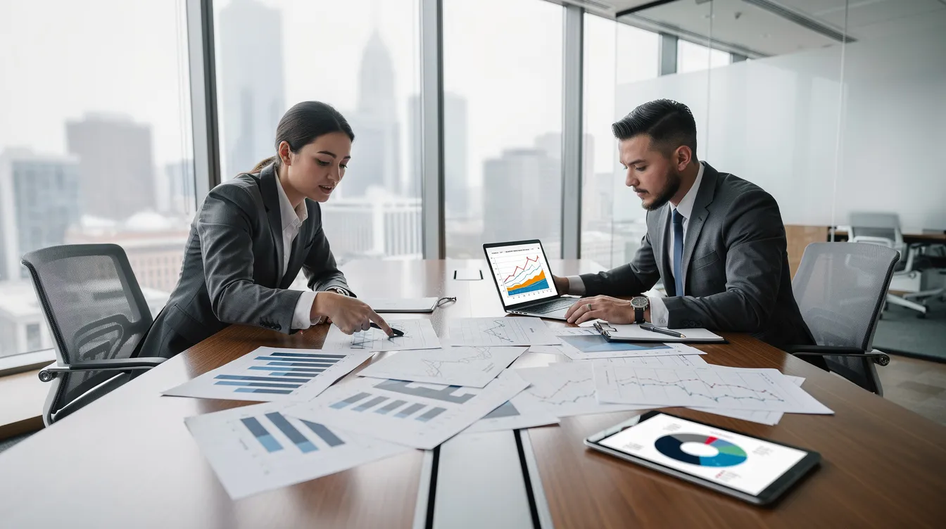 98376d35 c4aa 4589 aec0 3962f1a47230 The image depicts two professionals engaged in a detailed discussion while reviewing financial charts and graphs across a table in a modern office. They appear to be analyzing key metrics related to startup valuation, such as market trends and financial projections, to ensure accurate assessments for potential investors.