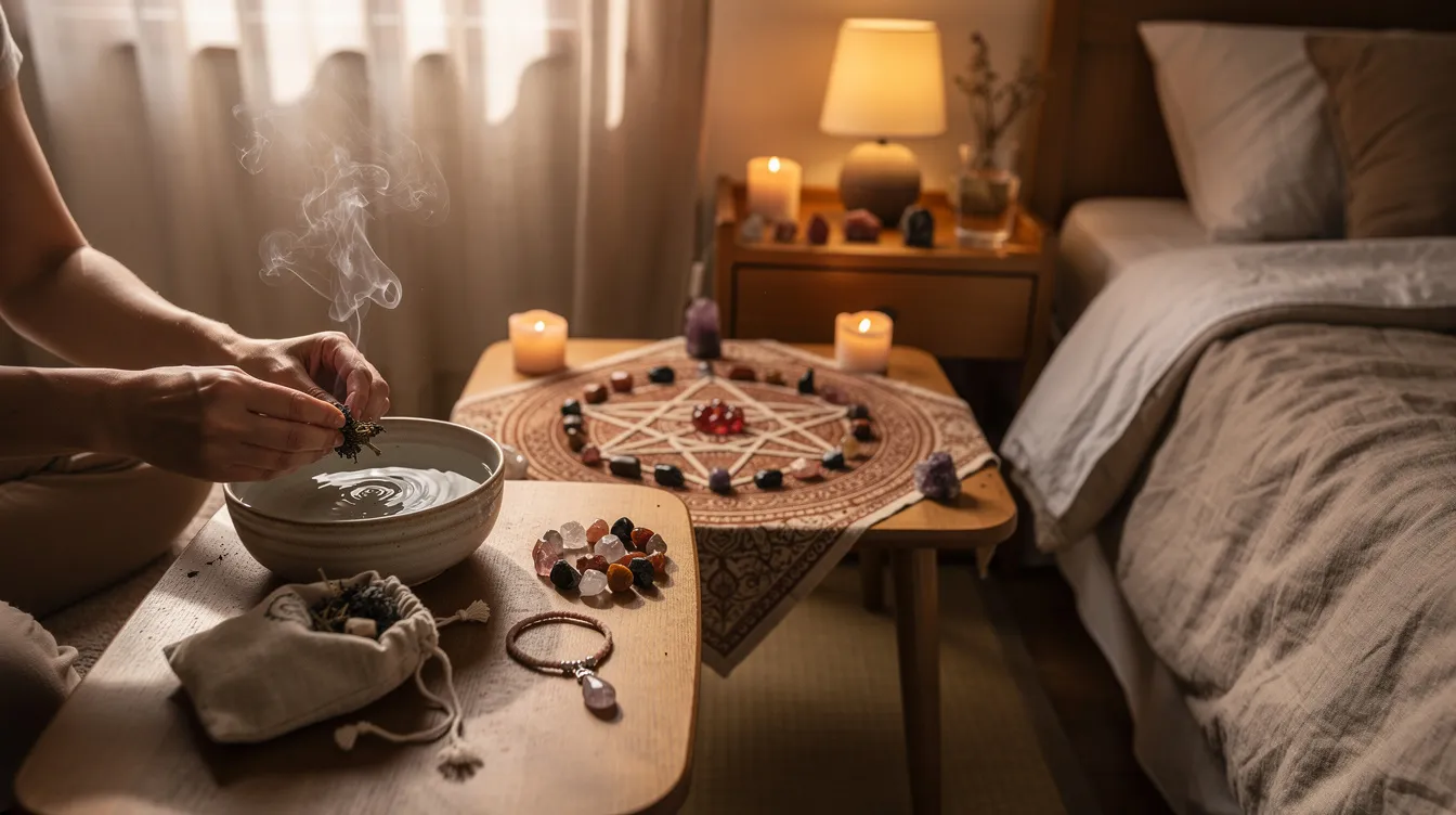 The image depicts a collection of various root chakra stones, such as red jasper and smoky quartz, arranged in a calming setting, emphasizing their grounding and protective qualities. These chakra crystals are shown alongside a peaceful environment, suggesting their use for promoting emotional balance and a strong connection to the earth.
