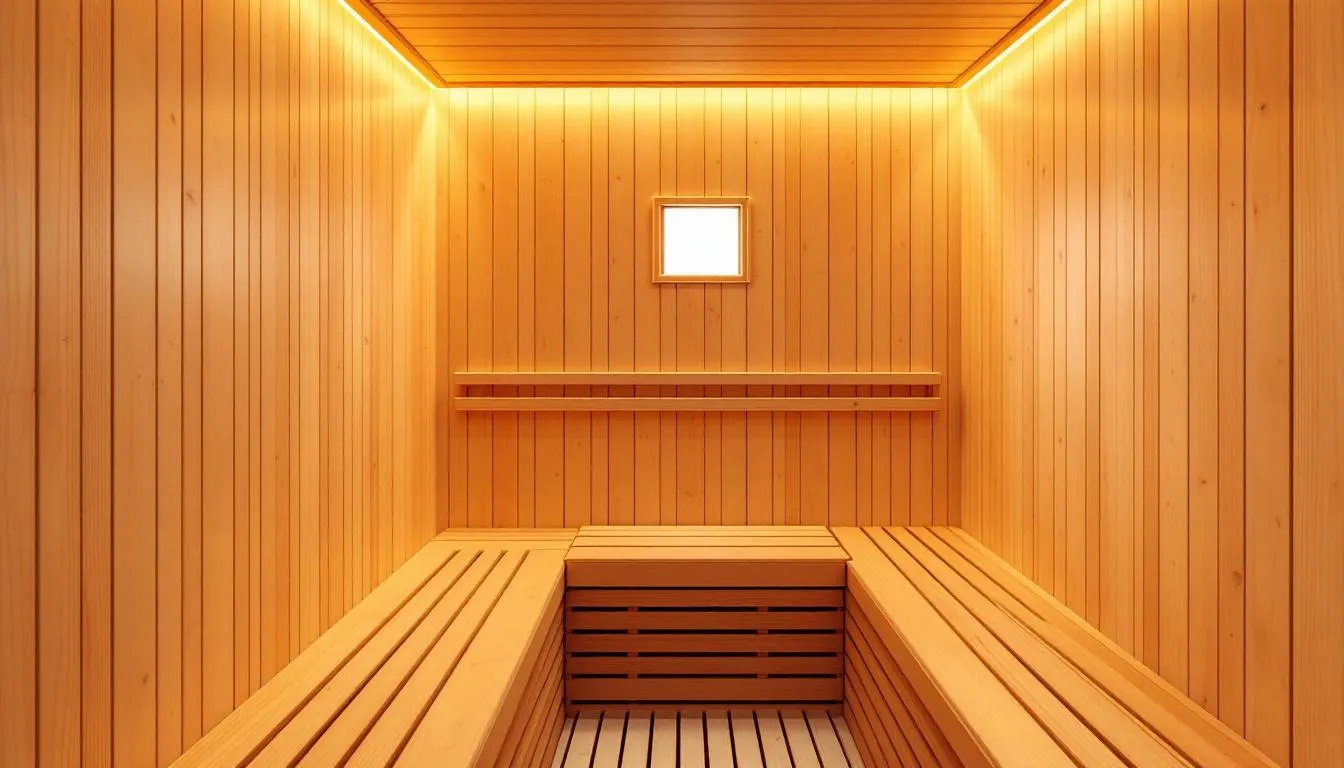 The image showcases a low-EMF infrared sauna, designed with sleek wooden panels and infrared heating elements, emphasizing its health benefits such as muscle relaxation and improved circulation. Unlike traditional saunas, this infrared sauna utilizes infrared technology to provide a warm and relaxing experience at lower temperatures while minimizing electromagnetic field exposure.