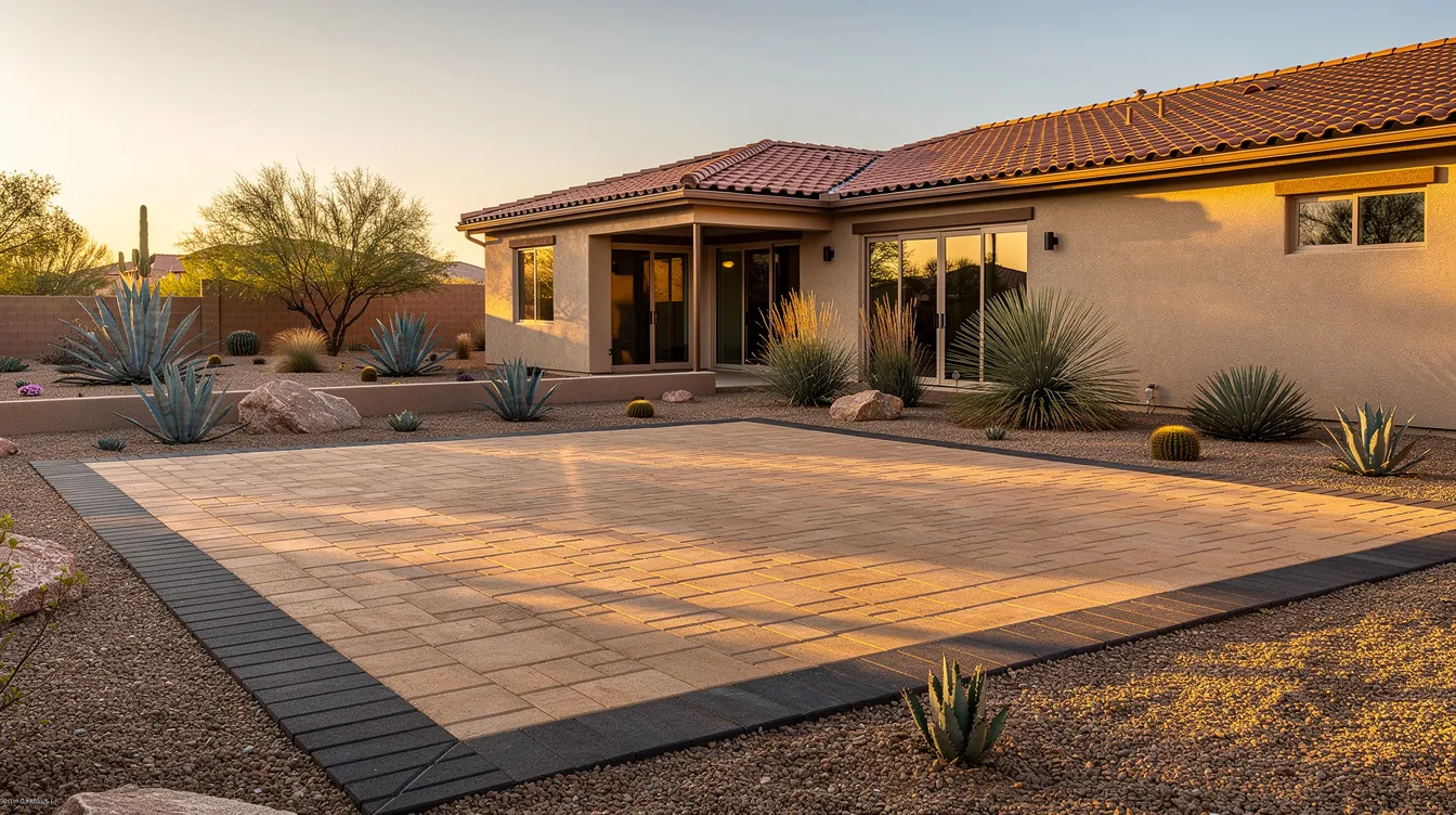 The image features a spacious paver patio in warm tan and charcoal tones, bordered by a darker edge, set against a Southwest desert backdrop with a stucco house and various desert plants. This outdoor space exemplifies hardscaping, enhancing the beauty and functionality of the yard while providing a perfect setting for family gatherings and entertaining friends.