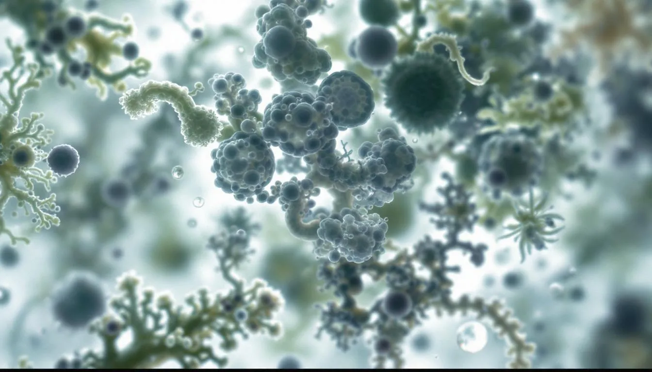 The image presents a microscopic view of various fungal pathogens, showcasing their diverse morphologies and structures, which are crucial in understanding fungal infections and their role in infectious diseases. These intricate forms highlight the complexity of pathogens that can lead to severe illnesses in humans.
