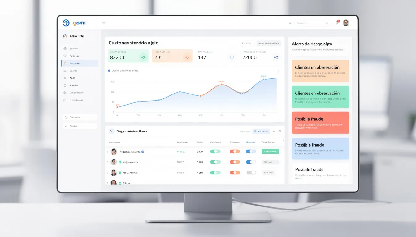 La imagen muestra una interfaz de herramienta de inteligencia artificial con un dashboard que presenta métricas sobre clientes, incluyendo alertas de riesgo y datos sobre la retención de clientes inactivos. Esta herramienta ayuda a las empresas en su estrategia de reactivación y recuperación de clientes, optimizando el proceso de marketing y mejorando la relación con los usuarios.
