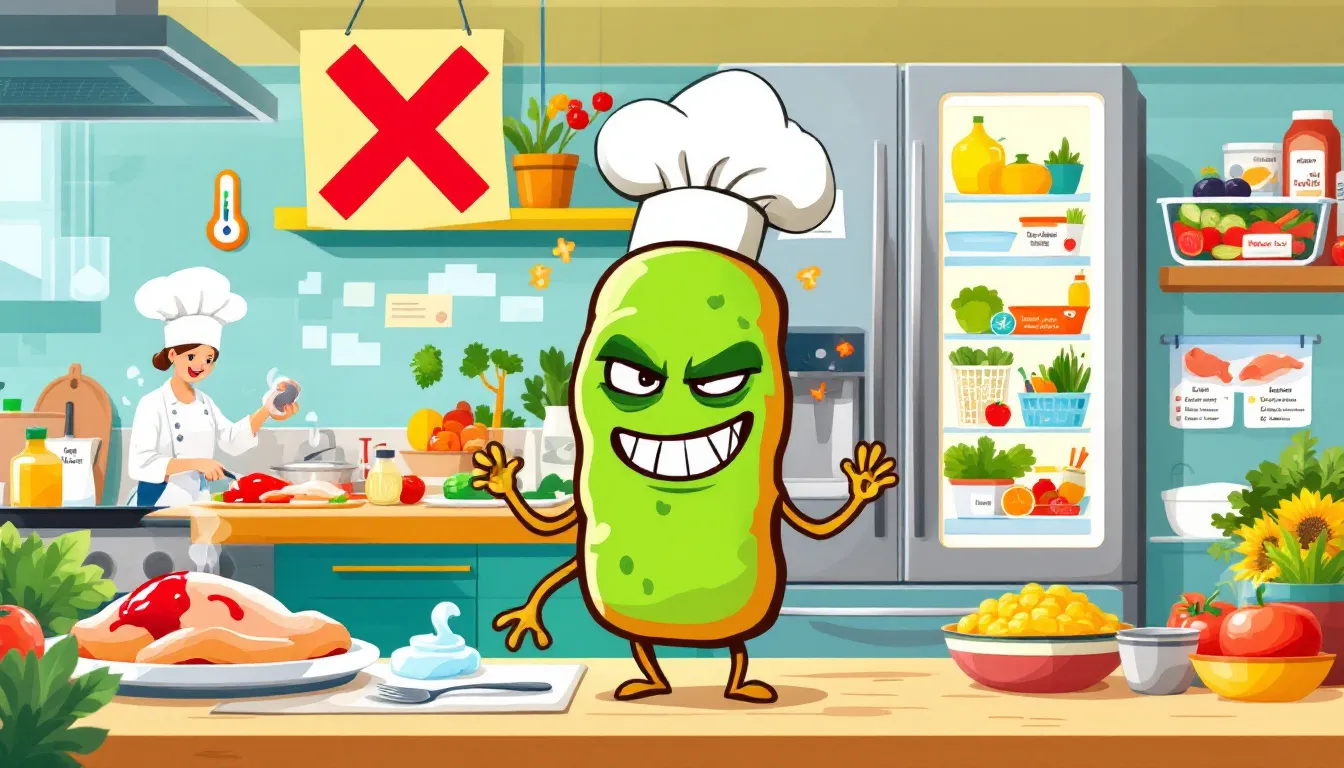 An illustration of E. coli bacteria with a cooking scene in the background, emphasizing food safety.