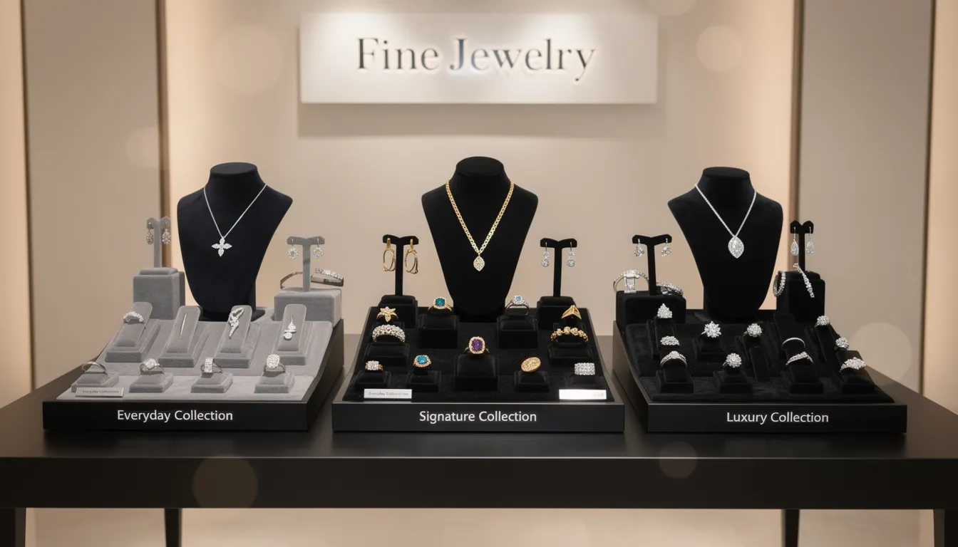 The image features a professional jewelry display with an array of earrings, bracelets, and rings, categorized by different price tiers and styles. This setup highlights a trusted supplier's commitment to quality and offers customers an amazing selection of wholesale jewelry, perfect for retailers looking to stock their stores.