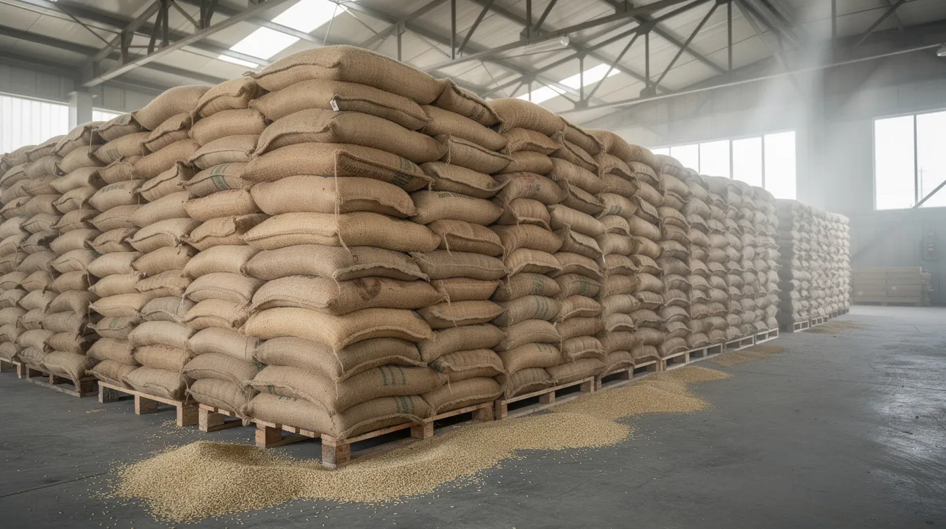 983fa8b6 33e9 4965 83cb 0e24ba30dc9e The image depicts large jute bags filled with raw paddy stacked neatly in an industrial warehouse, showcasing the inventory management aspect of the rice processing industry. This storage setup is essential for ensuring the quality and efficiency of the entire process involved in producing high-quality rice.