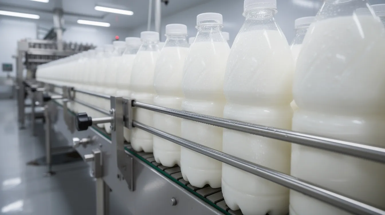 The image shows rows of sealed dairy beverage bottles emerging from a fully automatic filling and capping line in a modern factory, highlighting the efficiency and production capacity of the bottling process. The stainless steel equipment and conveyor system ensure high-quality standards while accommodating different bottle sizes for flavored milk and other beverages.