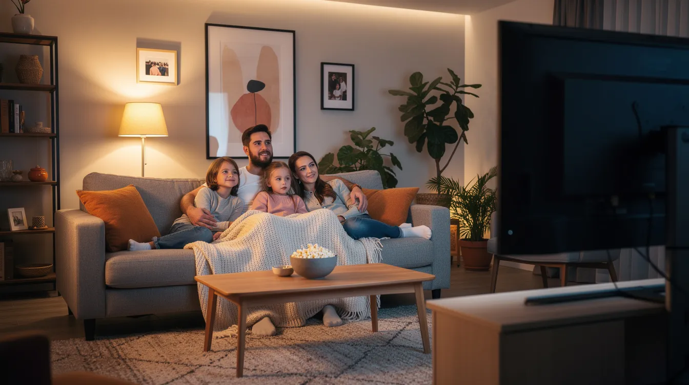 A family is comfortably seated on a couch in a cozy living room, enjoying a large smart TV screen that displays vibrant images, all under warm lighting. The scene captures a moment of togetherness, likely watching live TV channels or on-demand content, highlighting the benefits of reliable IPTV service for high-quality streaming.