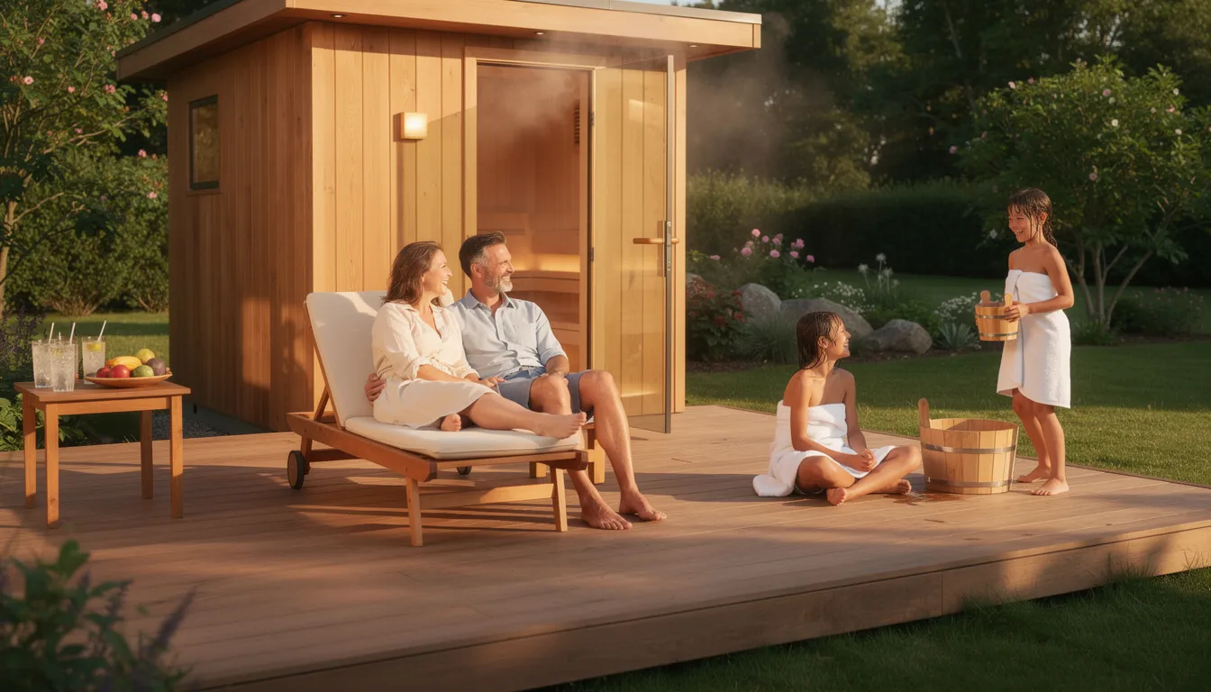 A family is gathered on a wooden deck, enjoying a sunny summer day next to their outdoor sauna cabin, surrounded by natural surroundings. The scene captures the essence of relaxation and wellness, highlighting the unique benefits of outdoor saunas for family bonding.