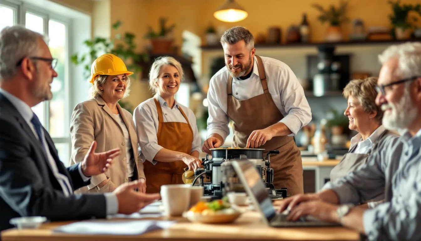 A diverse group of retirees is happily engaging in various activities that symbolize different income sources, such as rental income and social security benefits, reflecting their well-planned retirement journey. This image highlights the importance of retirement planning and informed decisions in achieving financial goals and securing a comfortable lifestyle in retirement.