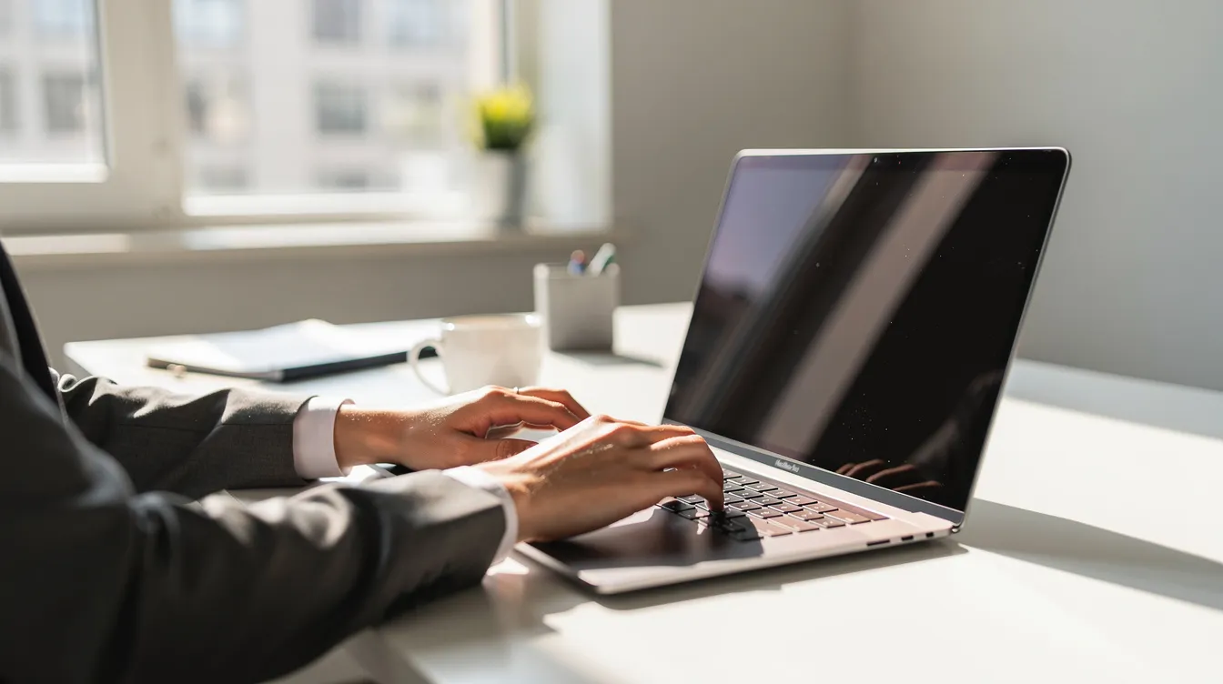 Eine Person sitzt an einem Laptop in einem hellen Büro, das von Tageslicht durchflutet wird. Der Bildschirm zeigt möglicherweise eine Fehlermeldung wie "403 forbidden", während die Umgebung freundlich und modern wirkt.