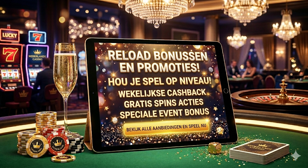 Promotie voor reload bonussen en casino promoties bij een online casino, met wekelijkse cashback, gratis spins acties en speciale bonus aanbiedingen voor spelers.