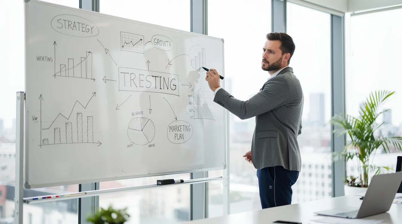 An entrepreneur is focused on writing business plans on a whiteboard in a bright office, illustrating the strategic planning involved in running a successful dropshipping business. The scene captures the essence of entrepreneurship and the importance of effective inventory management and customer satisfaction in the ecommerce business model.