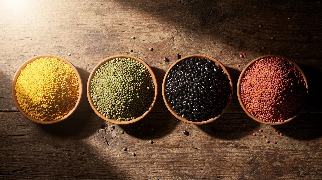 984874ea c543 4c55 9fbb 5b0ac4c35036 A vibrant assortment of Indian pulses, including yellow toor dal, green moong, black urad, and red masoor, is neatly arranged in separate bowls, showcasing their distinct colors and shapes. This image highlights the importance of optical sorting technology in ensuring uniformity and quality in the classification of various pulses.