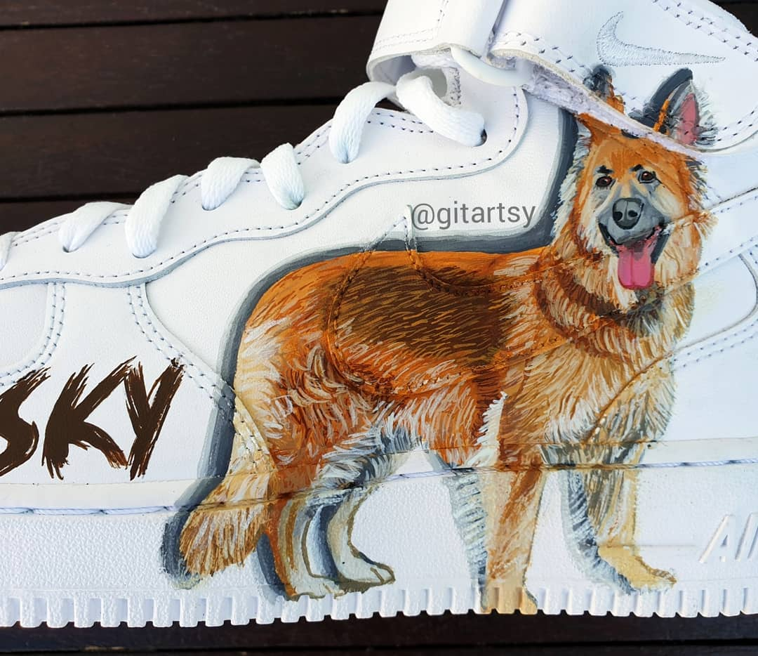 Hand painted custom Nike AF1 high-top sneakers with pet puppy German Shepherd 'Sky'