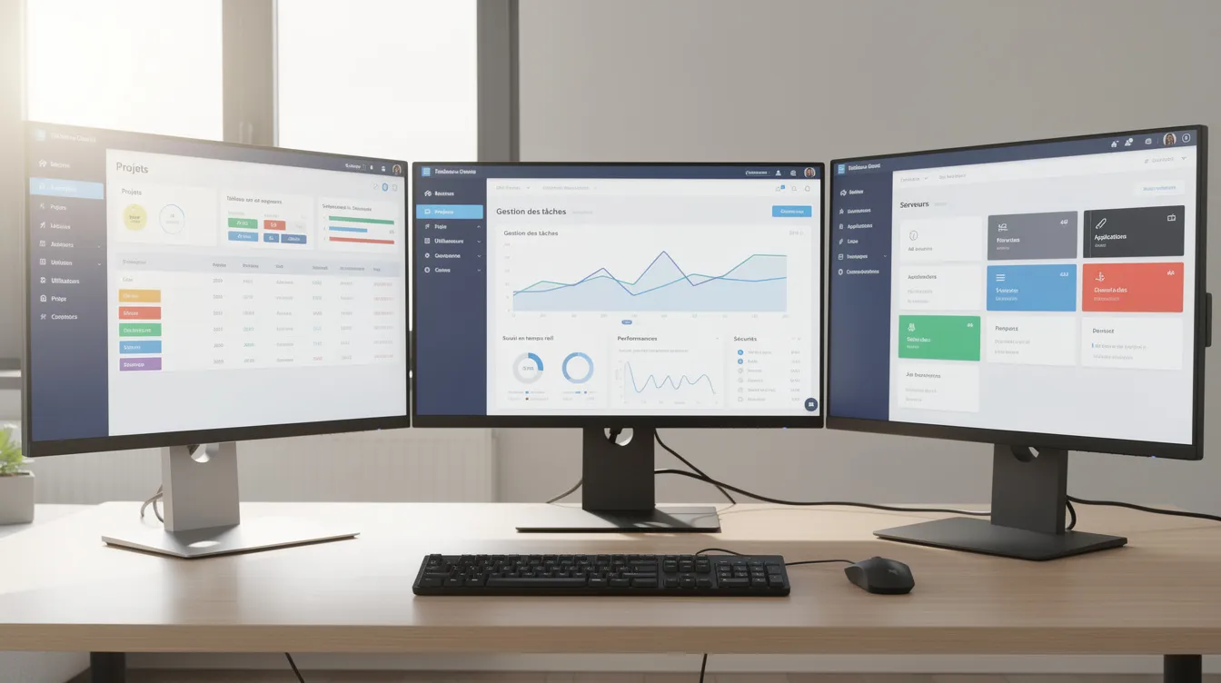 Un espace de travail avec plusieurs écrans affichant des interfaces de gestion.