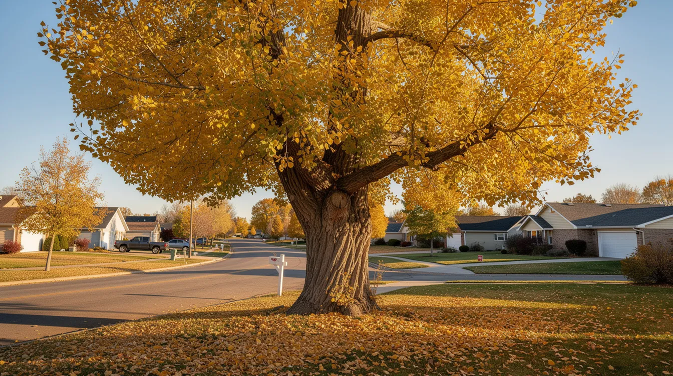 A large cottonwood tree adorned with vibrant golden fall leaves stands near a residential street, creating a picturesque autumn scene. Homeowners in the area may want to consider professional gutter cleaning services to prevent clogged gutters and ensure proper drainage during the fall months.