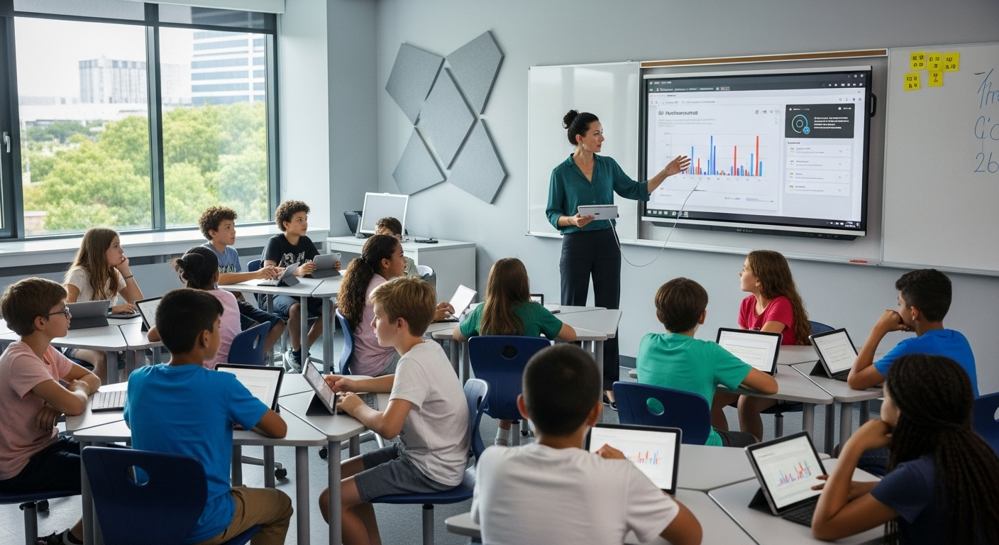 Teacher using AI-powered classroom tools while actively engaging with students in a modern learning environment