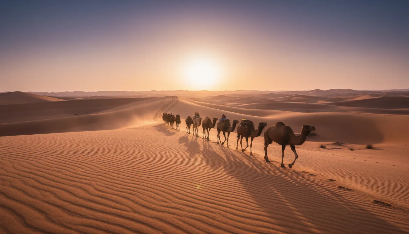 A group of camels walks gracefully across expansive golden sand dunes in a serene desert landscape at sunset, with the warm hues of the sky reflecting the beauty of the Sahara Desert. This tranquil scene captures the essence of North Africa, inviting travelers to explore Morocco's rich landscapes.