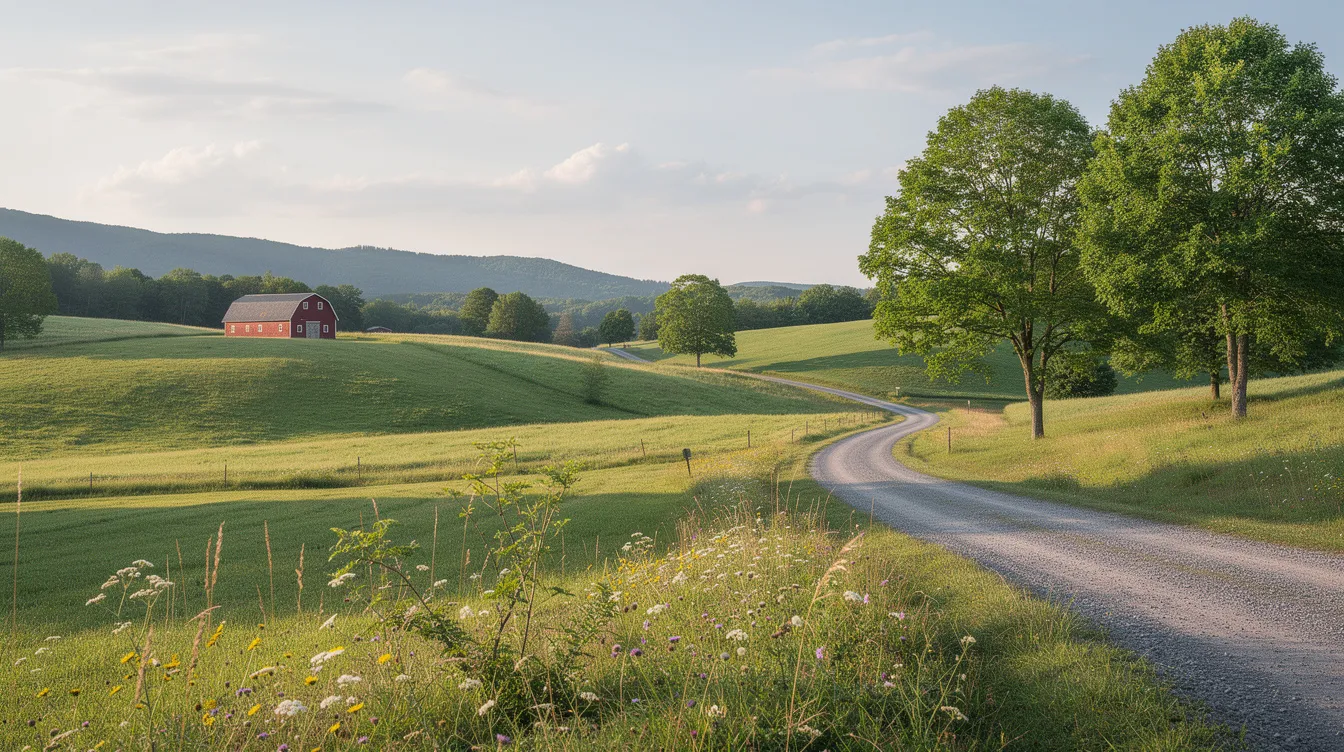 The image depicts a serene Vermont countryside featuring lush green rolling hills and a charming red barn in the distance, evoking a sense of tranquility. This picturesque scene reflects the peaceful rural life often associated with Vermont, a state known for its unique laws and regulations, including those related to gun control and public safety.