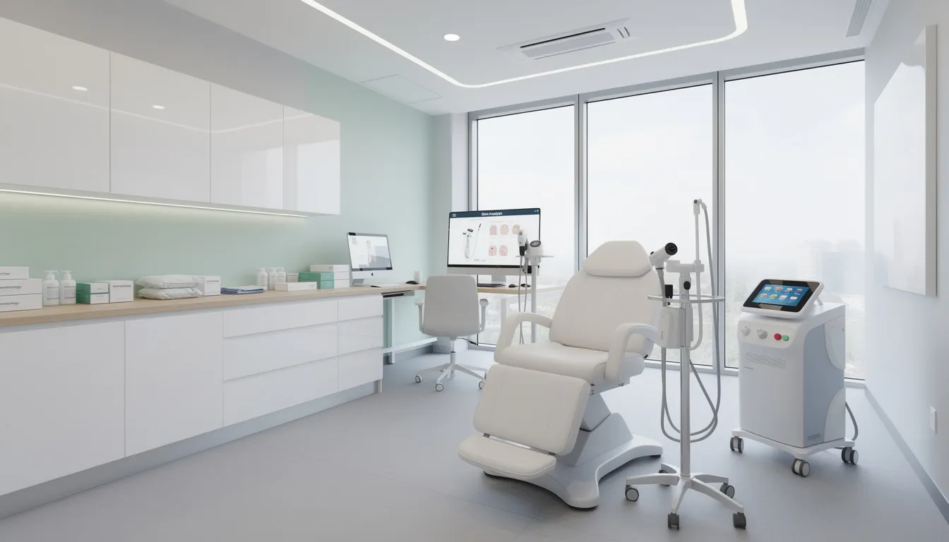 Nowoczesne wnętrze gabinetu dermatologicznego, wyposażone w profesjonalny sprzęt medyczny, stwarza idealne warunki do leczenia trądziku hormonalnego oraz innych zmian skórnych. Specjaliści oferują różnorodne zabiegi dermatologiczne, w tym laserowe leczenie trądziku, aby zapewnić pacjentom zdrowy wygląd i skuteczną pielęgnację skóry.