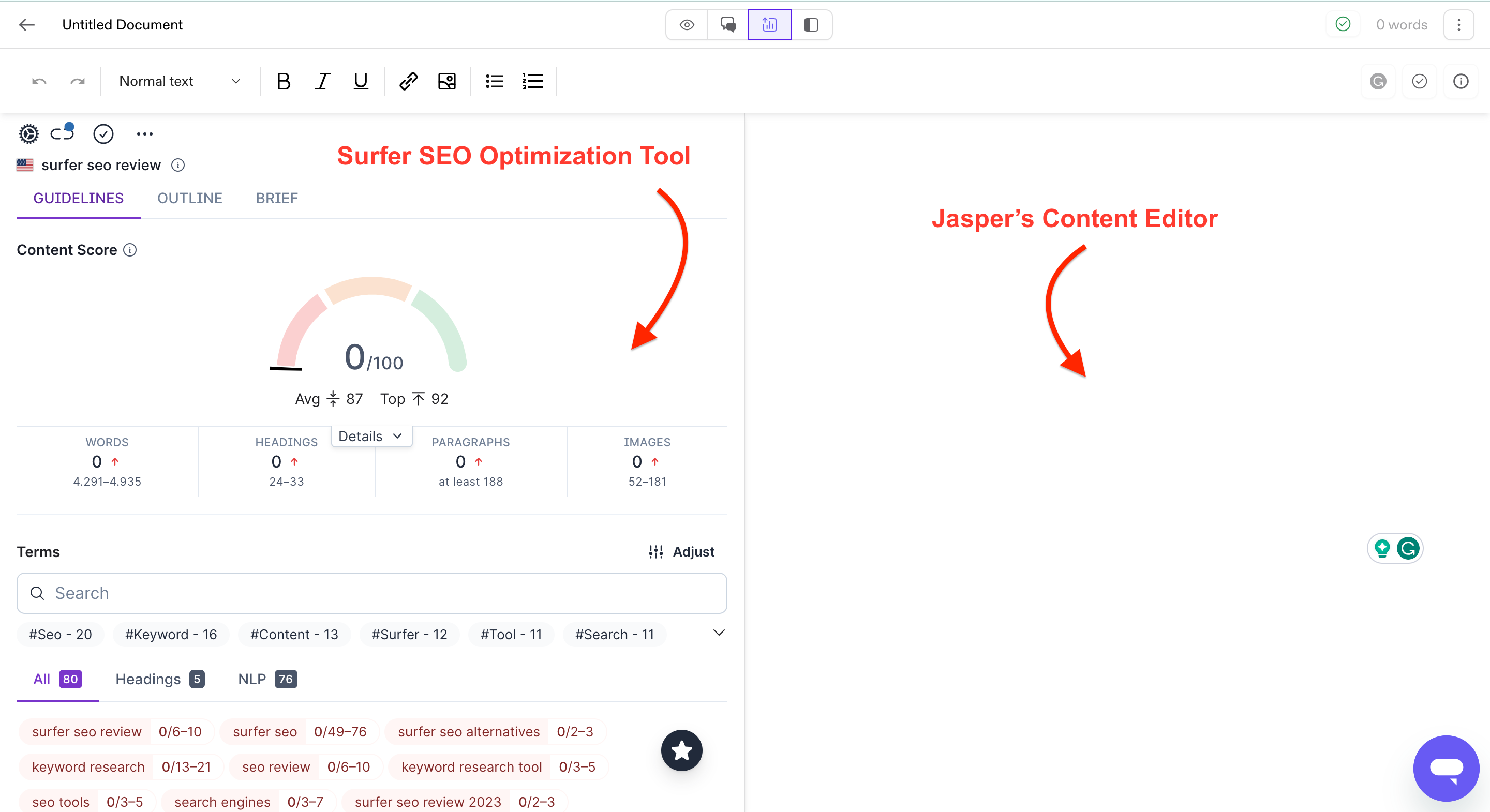 surfer seo extension on Jasper 