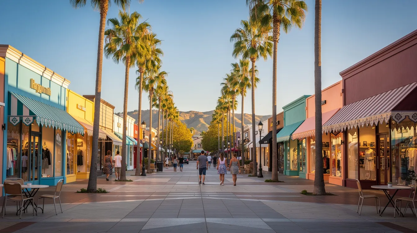 Een zonnige winkelstraat in Californië, omringd door palmbomen en boetieks, waar verschillende winkels van bekende merken, zoals die van de modeketen Kahn, te vinden zijn. De levendige sfeer en het aantrekkelijke aanbod maken het tot een populaire bestemming voor zowel lokale bewoners als toeristen.