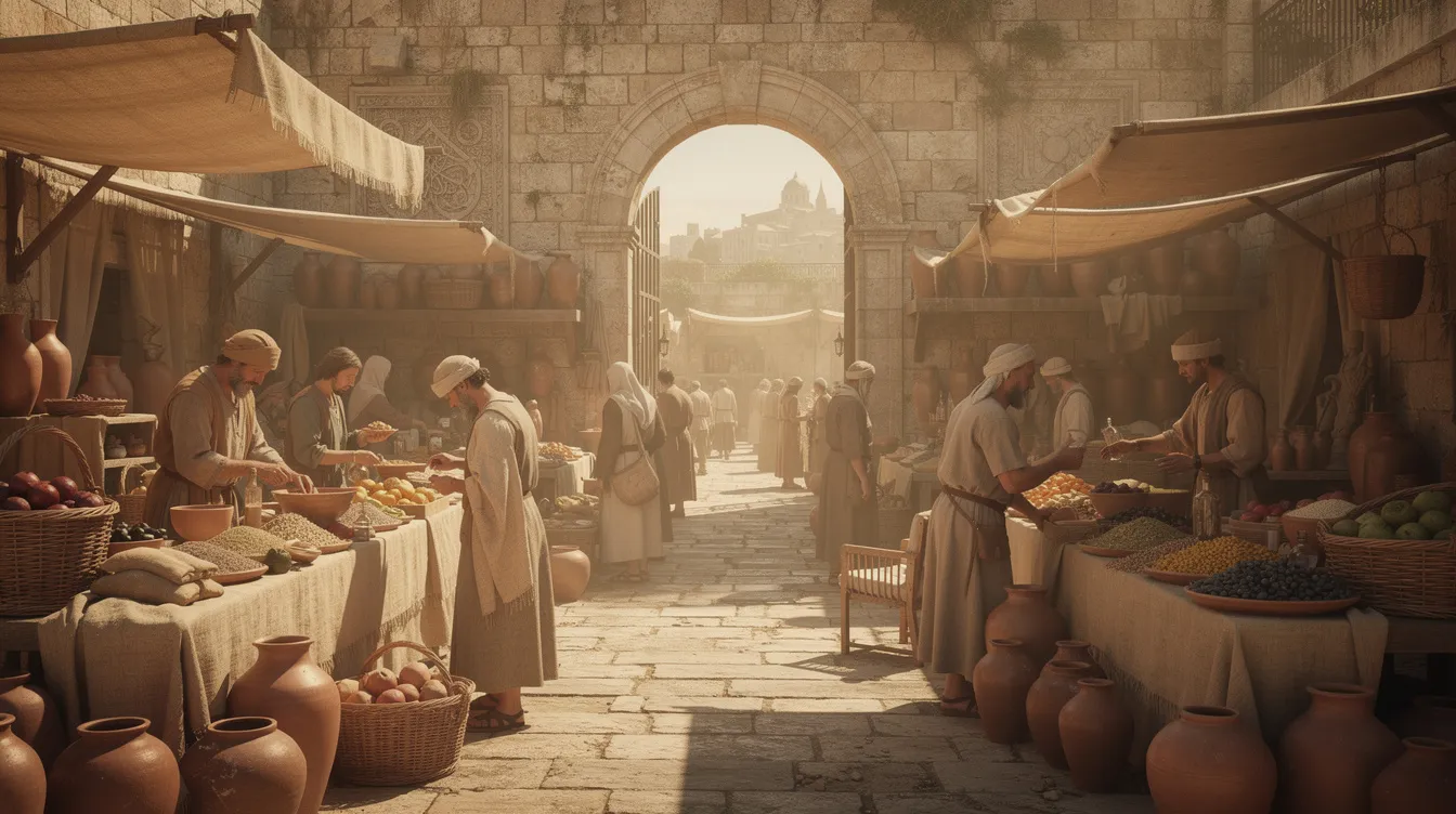 The image depicts a bustling ancient marketplace set within a walled courtyard, filled with stone stalls displaying clay pots and various goods, while merchants engage with customers amidst the vibrant activity of everyday life in ancient Israel. This scene reflects the rich cultural and economic interactions of the Jewish community during a time when religious sects like the Sadducees and Pharisees played significant roles in society.