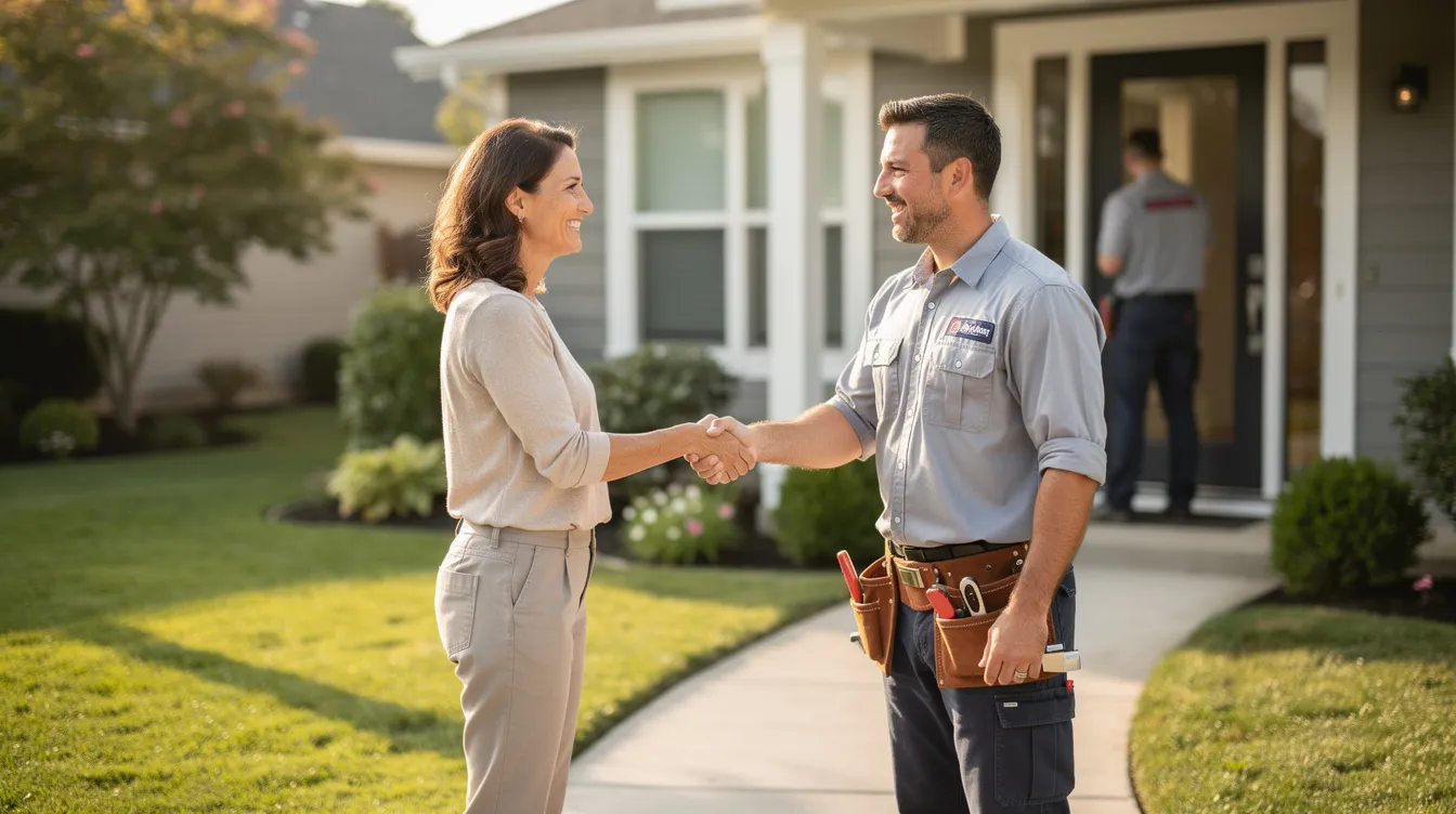 A smiling homeowner is shaking hands with a uniformed contractor at the front door of a suburban home, symbolizing a successful partnership in home improvement. This image reflects the importance of local services and reputation management in attracting qualified leads for contractors in the electrical industry.