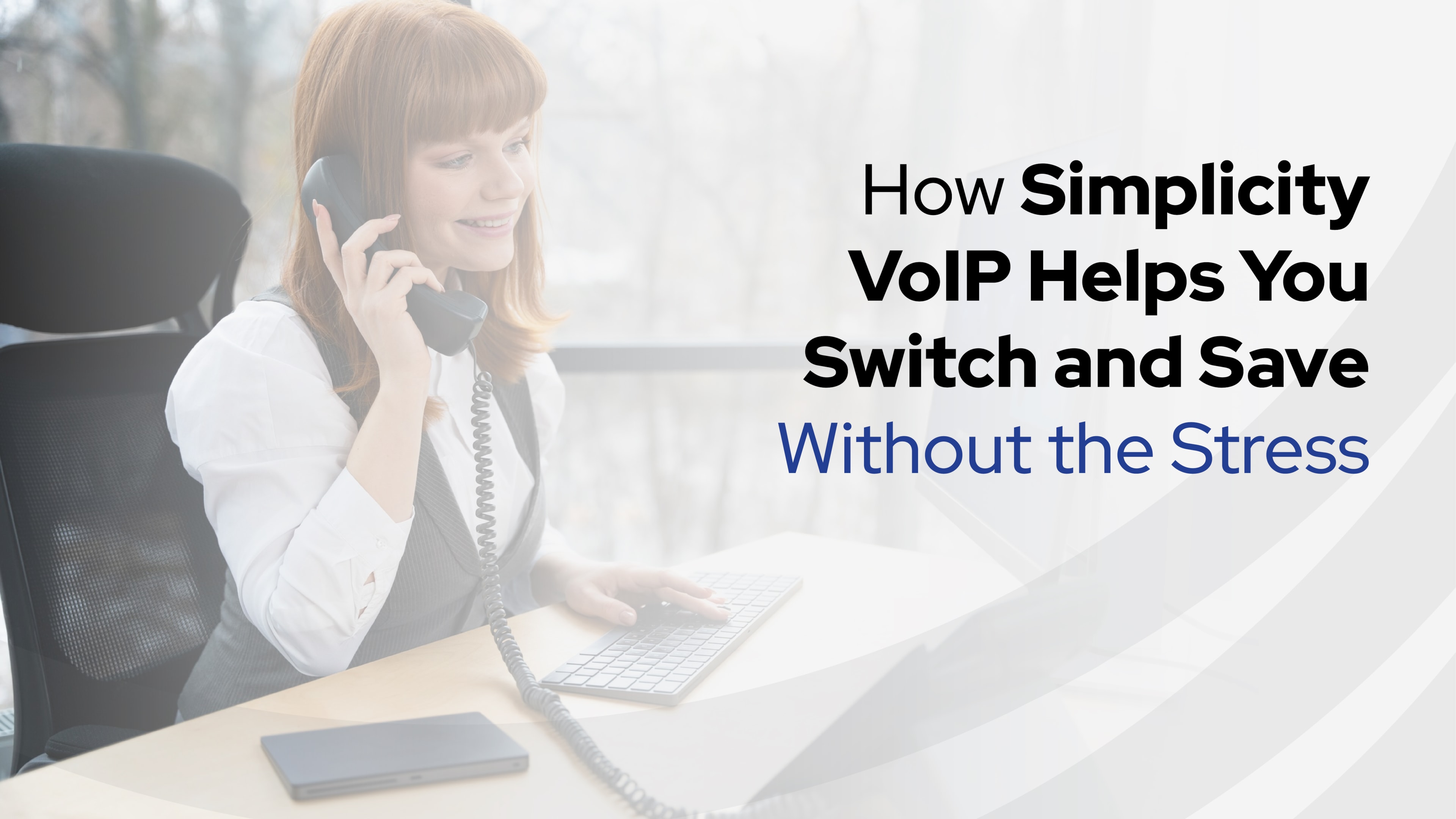 A person using one of their new VoIP desk phones shaking hands with a Simplicity VoIP representative. 