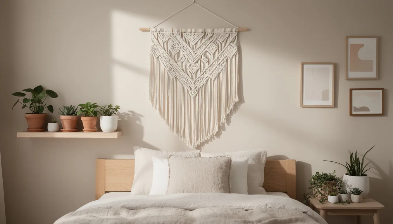 De afbeelding toont een sfeervolle slaapkamer muur met een stijlvolle wanddecoratie, bestaande uit een macramé wandhanger en kleine, groene planten in potjes. Deze combinatie zorgt voor een warme uitstraling en een gezellige sfeer in de kamer.