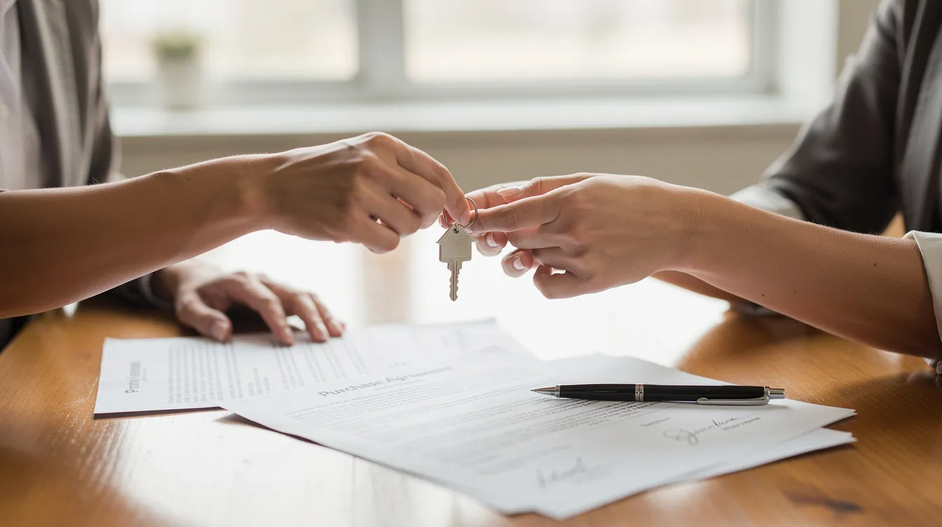 Two individuals are exchanging house keys over a table cluttered with signed documents, symbolizing the completion of a real estate transaction. This moment reflects the culmination of their investment strategy, potentially involving home equity lines and considerations of closing costs and interest rates.