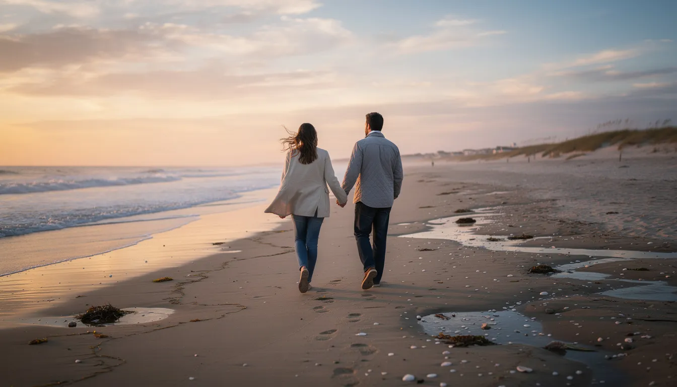A couple strolls hand-in-hand along a sandy beach on the Connecticut shoreline, with the vibrant colors of the sunset reflecting on the water of Long Island Sound. This picturesque scene captures the small town charm of coastal living in New England, perfect for those seeking a serene escape.