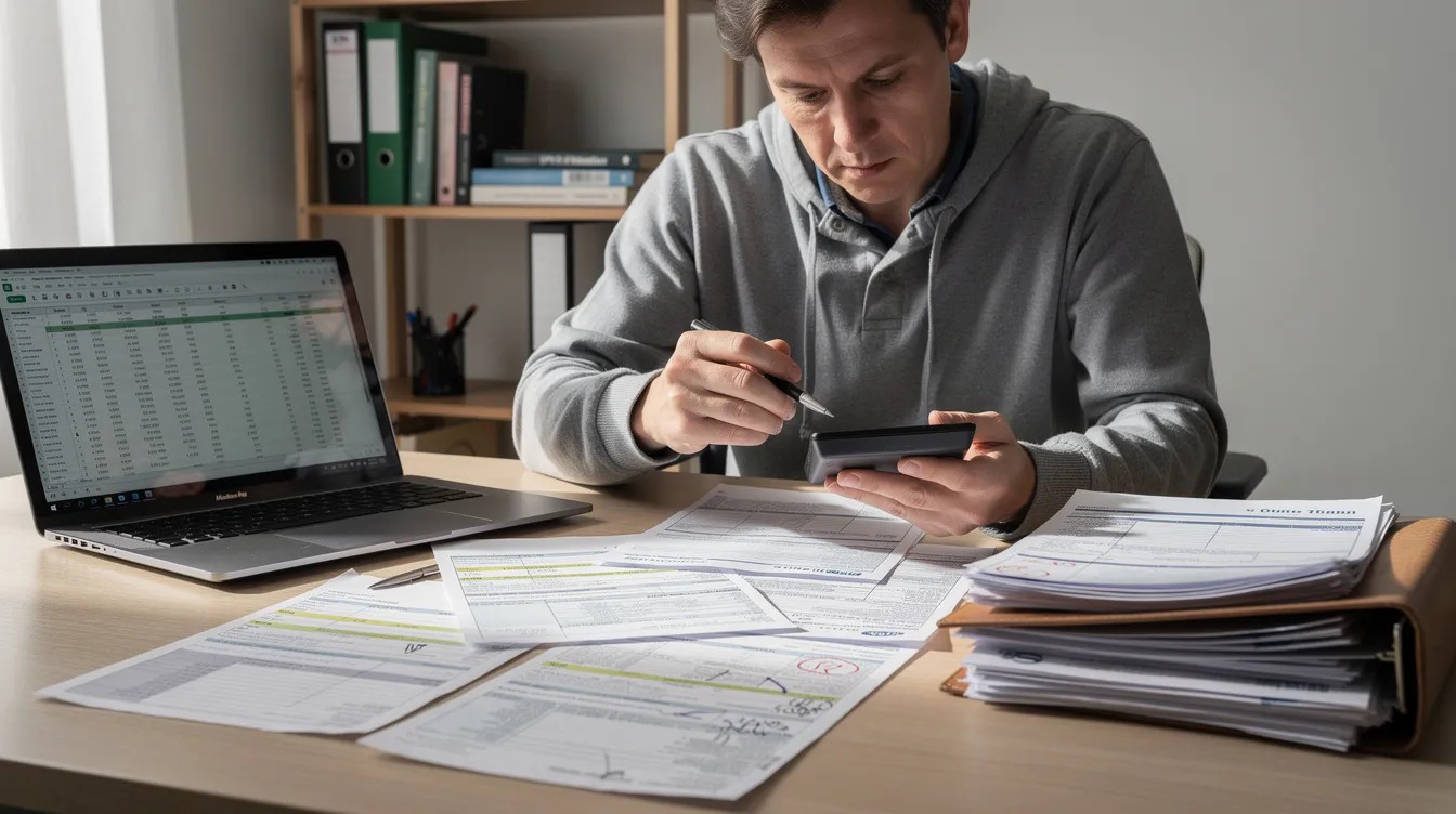A person is sitting at a desk, focused on reviewing financial statements and bills, using a calculator to assist with calculations. This scene reflects the importance of managing finances, possibly involving aspects such as debt restructuring and financial planning.