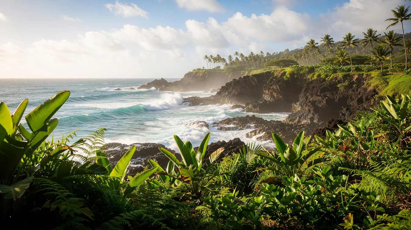 The image depicts a vibrant Hawaiian coastline, featuring lush green tropical plants in the foreground while gentle ocean waves crash against the shore in the background. This picturesque scene highlights the natural beauty of Hawaii, where hemp products and other cannabis derivatives are becoming increasingly popular.