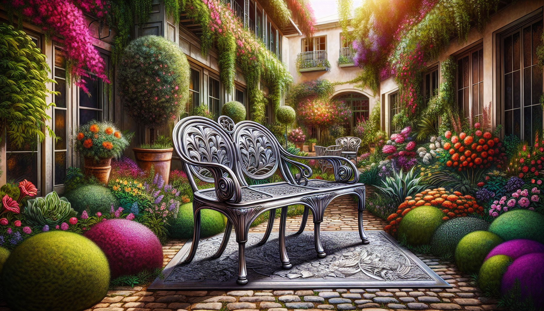 Weather-resistant metal outdoor furniture set in a stylish garden setting