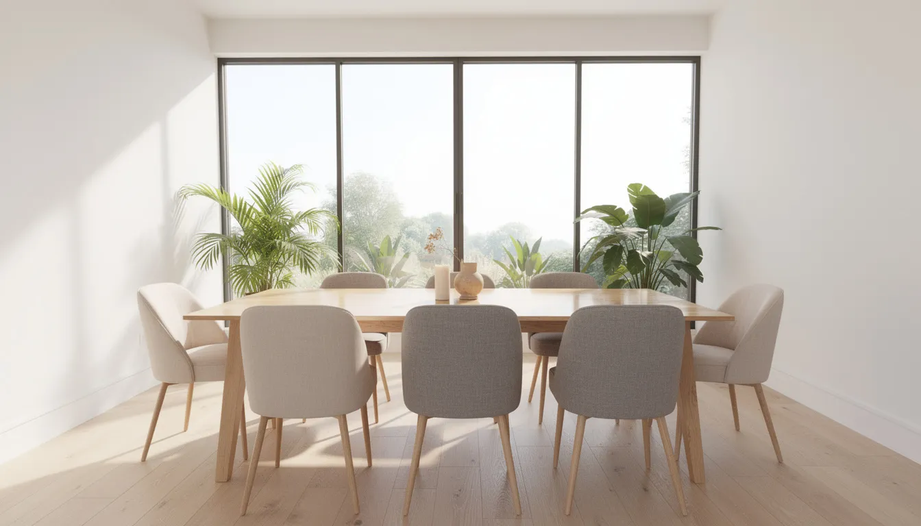 Een moderne, lichte eetkamer met een houten eettafel en zes comfortabele gestoffeerde stoelen in verschillende kleuren. Grote ramen zorgen voor veel natuurlijk licht en op de achtergrond zijn planten te zien, wat bijdraagt aan de gezellige sfeer voor lange avonden tafelen.