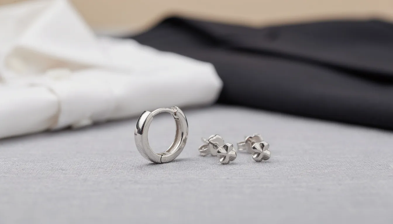 A pair of classic sterling silver earrings, featuring a simple and elegant design, is displayed against a neutral background. These silver stud earrings are perfect for adding a subtle touch to any outfit, making them a versatile addition to any jewellery collection.