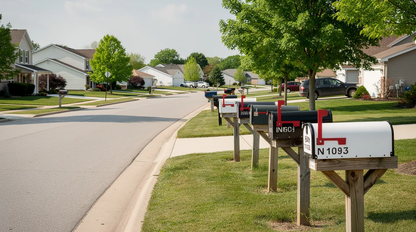 Row of suburban mailboxes neatly aligned along a quiet residential street.