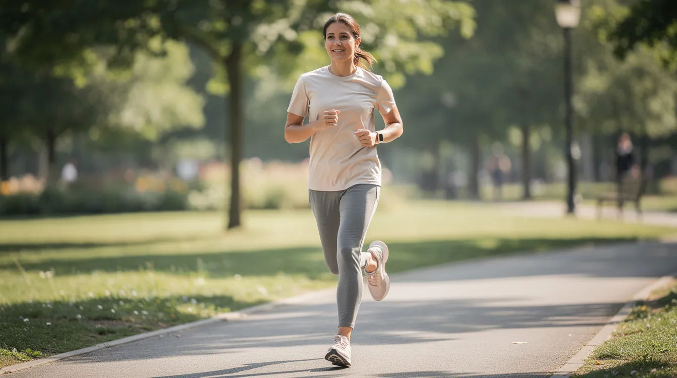 A person is light jogging outdoors in comfortable athletic wear, embodying a healthy lifestyle and gentle movement that can aid in the recovery process after a liposuction procedure. This activity reflects the importance of maintaining an exercise routine during the weeks after liposuction to enhance skin elasticity and support the body's natural healing process.