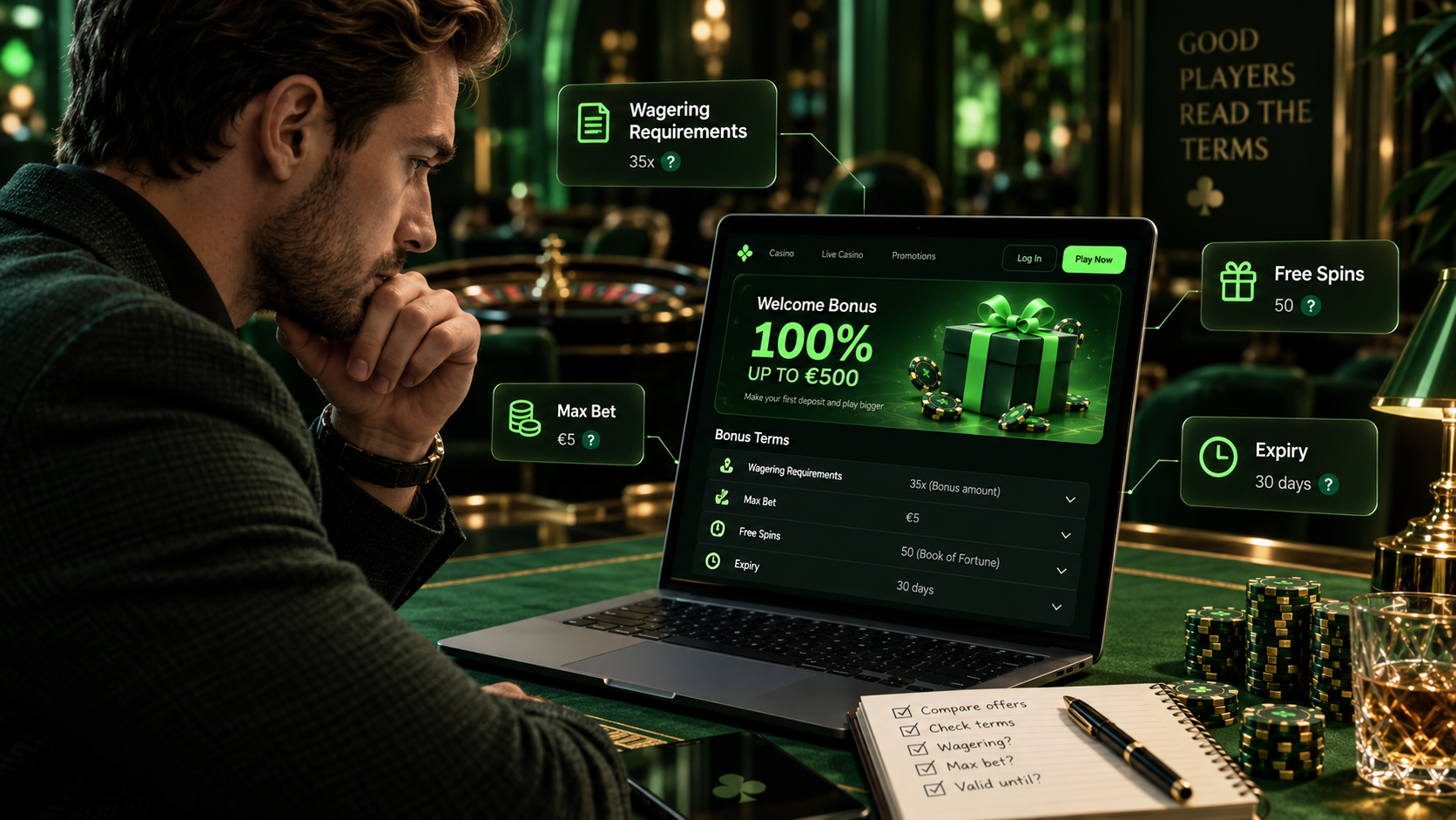 Player comparing online casino bonus terms including wagering requirements, max bet, free spins and expiry dates.