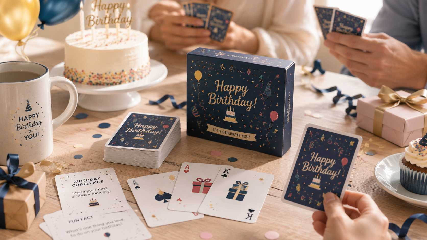 Birthday-themed playing cards with matching boxes, celebration cake, tableware, and party decorations