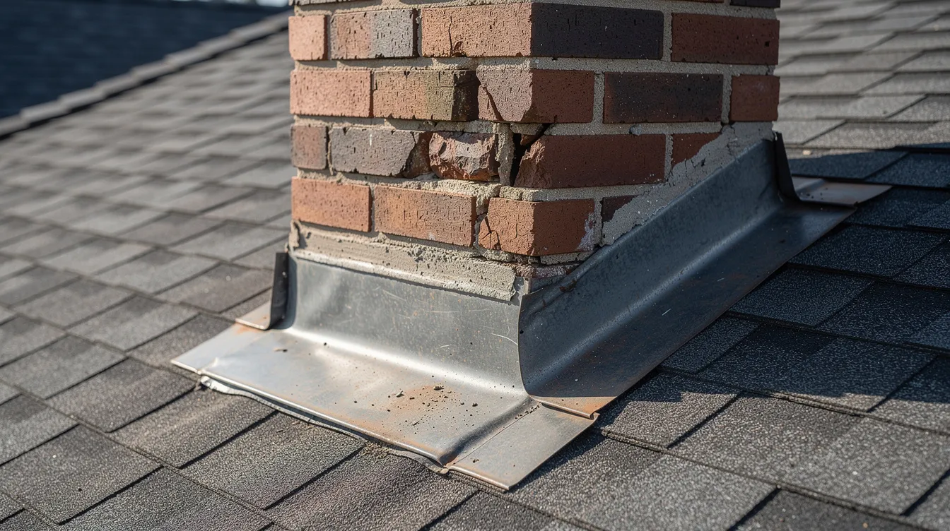 A close-up view of a residential brick chimney showcasing visible mortar gaps and metal flashing, situated on a shingled roof. This image highlights potential entry points for bats, which can lead to bat infestations and health risks from bat droppings and guano if not addressed by experienced wildlife removal services.