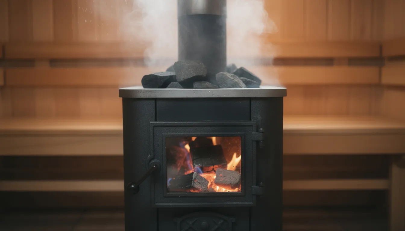 The image features a wood burning sauna stove with glowing embers visible through the firebox door, surrounded by stones that are steaming as they heat up, showcasing the authentic Finnish sauna experience. This wood burning stove radiates warmth and produces steam, enhancing the sauna room's relaxing atmosphere.