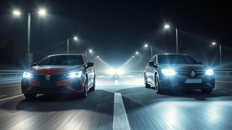 A comparison of two cars at night with different beam patterns