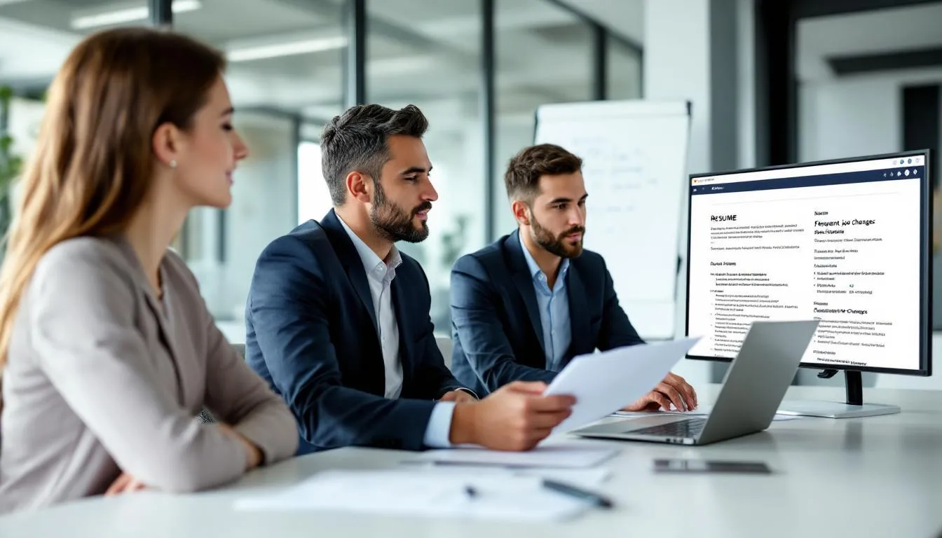 In der Abbildung analysiert ein HR-Team ein Bewerberprofil, das häufige Jobwechsel aufweist, ein Trend, der besonders bei der Generation Z und Millennials zu beobachten ist. Die Teammitglieder diskutieren die Vor- und Nachteile von Job Hopping und dessen Auswirkungen auf die Karrierechancen und Mitarbeiterbindung in der heutigen Arbeitswelt.